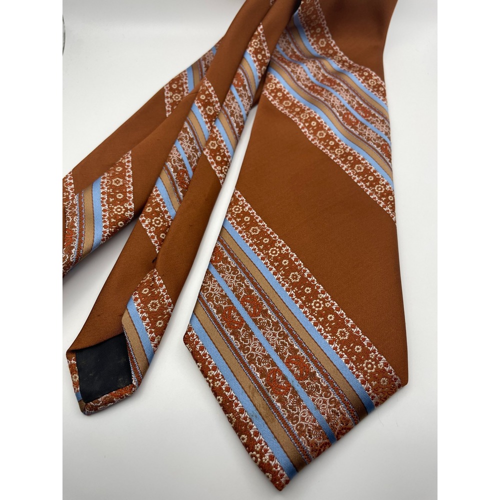 Artcraft Vintage Mens Tie Burnt Orange Blue Floral Striped 70s Retro Polyester